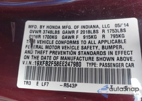 2014 Honda Civic Lx z USA, uszkodzony, nr VIN 19XFB2F58EE247980